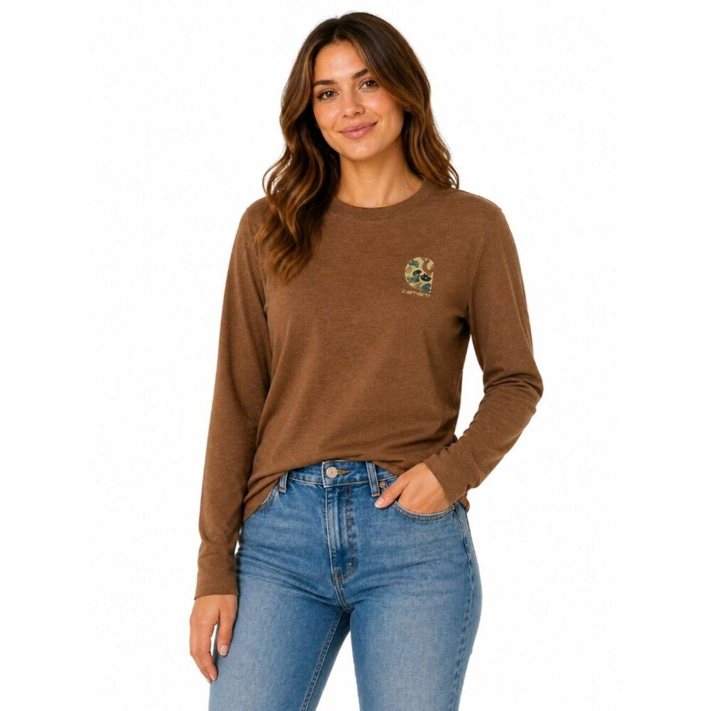 Women’s Camo Logo Graphic T-Shirt Relaxed Fit Long Sleeve Carhartt Walnut Large